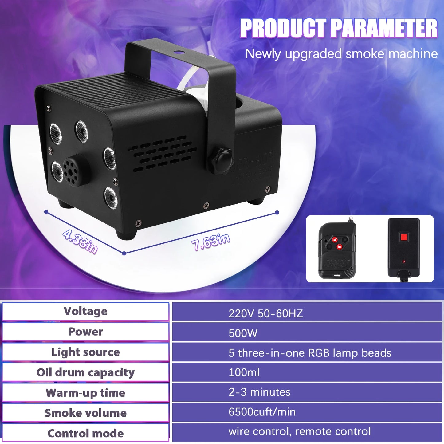 500W Fog Machine – RGB LED Smoke Effect with Wireless Remote for Parties & Stage