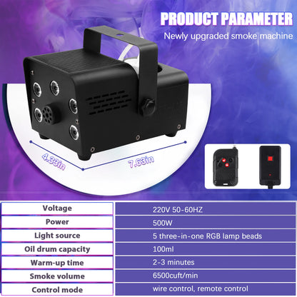 500W Fog Machine – RGB LED Smoke Effect with Wireless Remote for Parties & Stage