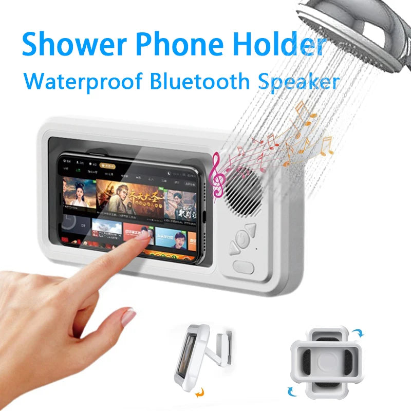 Kitchen & Shower Phone Holder – Waterproof Anti-Fog Wall Mount with Bluetooth Speaker